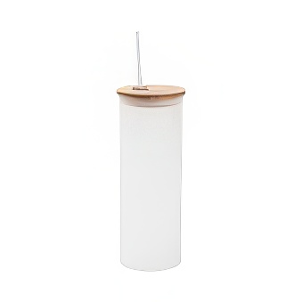 Frosted Glass Mason Jar with Bamboo Lid and Straw for Sublimation and Engraving, transparent