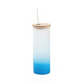 Frosted Glass Mason Jar with Bamboo Lid and Straw for Sublimation and Engraving, blue