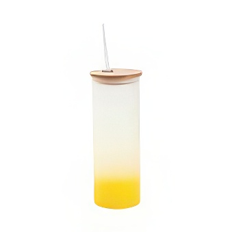 Frosted Glass Mason Jar with Bamboo Lid and Straw for Sublimation and Engraving, yellow