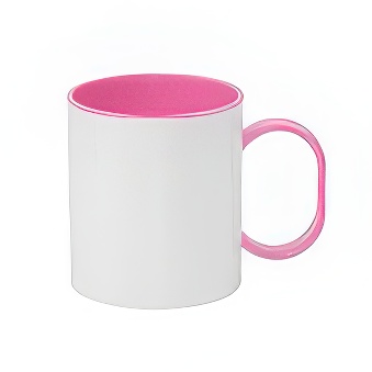 Plastic unbreakable mug for sublimation overprint and engraving with a colorful inside and handle, pink, 330 ml