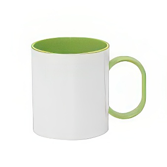 Plastic unbreakable mug for sublimation overprint and engraving with a colorful inside and handle, green, 330 ml