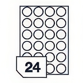 Round Self-adhesive Translucent Film Labels for Laser Printers and Copiers - 24 labels on a sheet