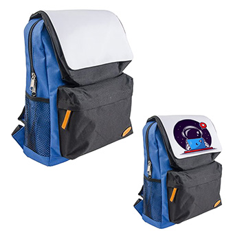 Backpack with Front Pocket and White Flap for Printing, blue/black, 34 x 25 x 8 cm