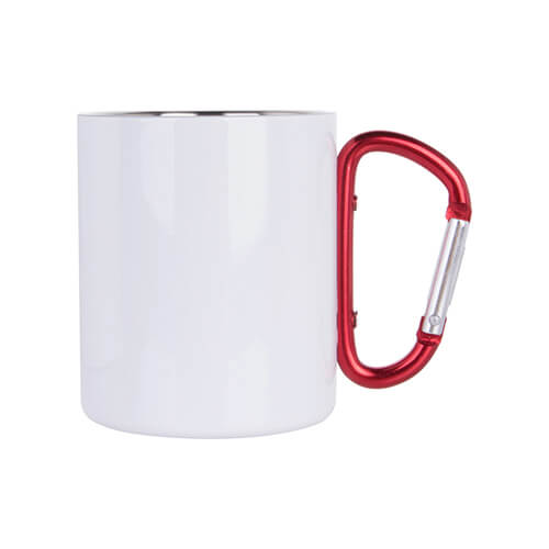 White metal inox mug for sublimation outprint with red handle carabiner type