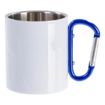 White metal inox mug for sublimation outprint with blue handle carabiner type
