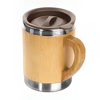 Thermo mug with bamboo surface for engraving, light brown, 300 ml