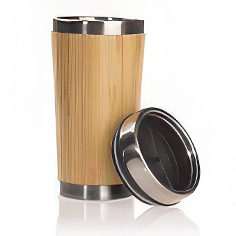 Thermo mug with bamboo surface for engraving, light brown, 500 ml