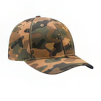Peaked cap 6-panels with metal clip for Flex and Flock Printing, camouflage brown