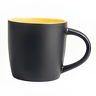 New Black Mug with Coloured Interior and Laser Engraving, black-yellow, 290 ml