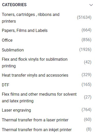 View of the left menu with product categories
