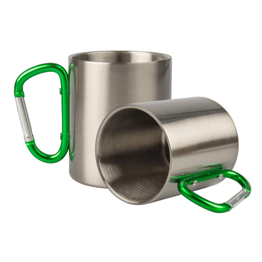 Metal inox mug for sublimation outprint with green handle carabiner type