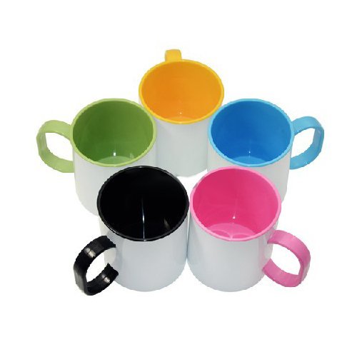 Plastic unbreakable mug for sublimation overprint with a colorful inside and handle