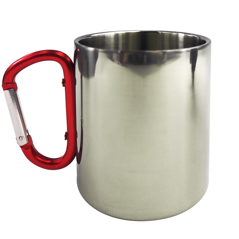 Metal inox mug for sublimation outprint with red handle carabiner type