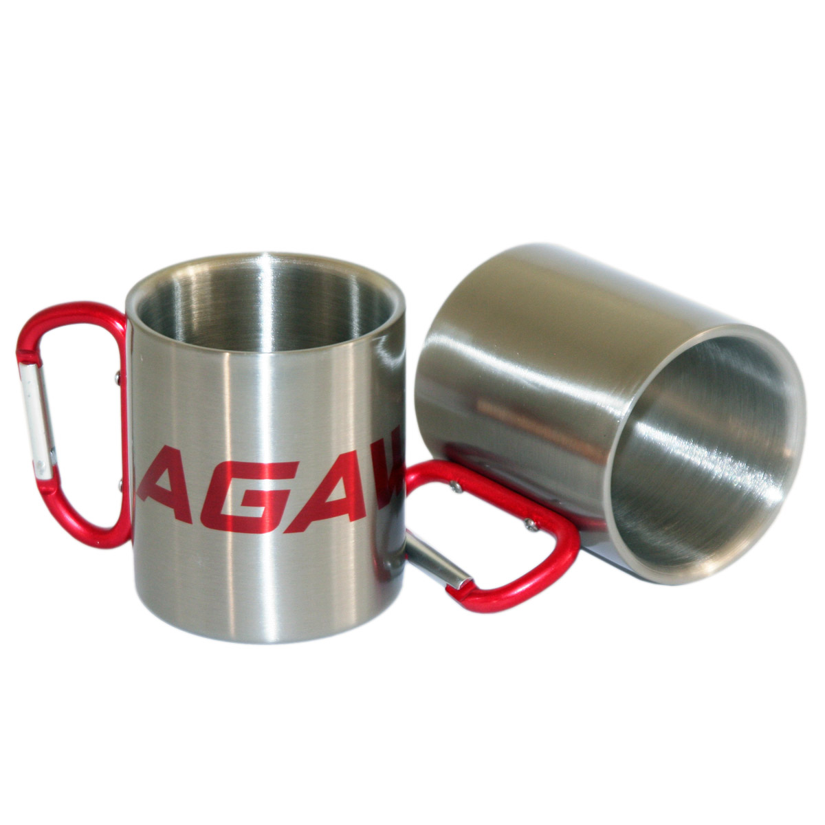 Glossy metal inox mug for sublimation outprint with red handle carabiner type