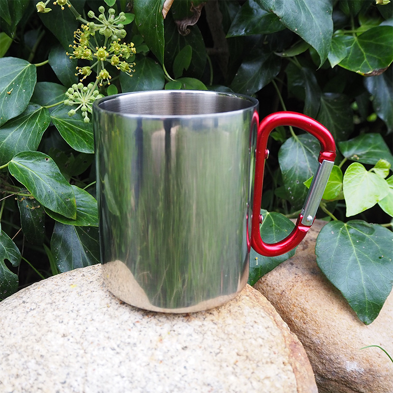 Glossy metal inox mug for sublimation outprint and engraving with red handle carabiner type