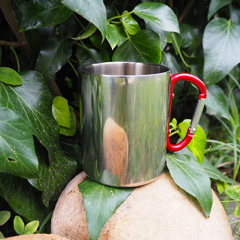 Glossy metal inox mug for sublimation outprint and engraving with red handle carabiner type