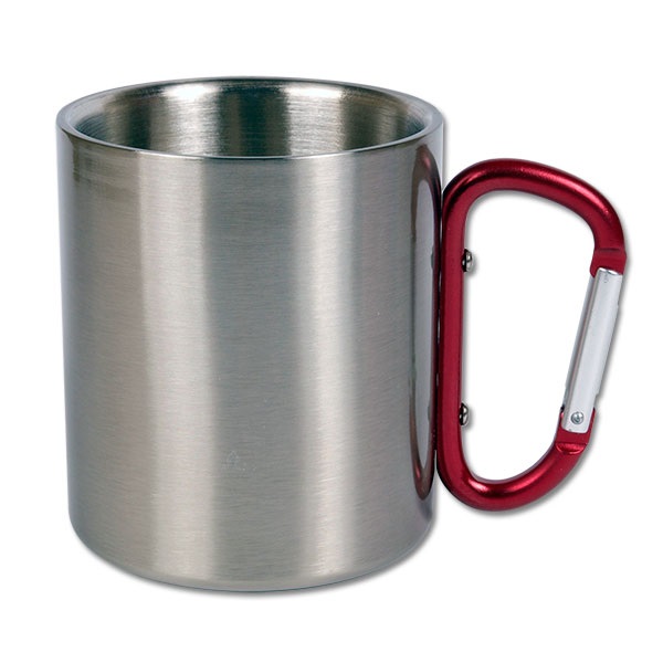 Metal inox mug for sublimation outprint with red handle carabiner type