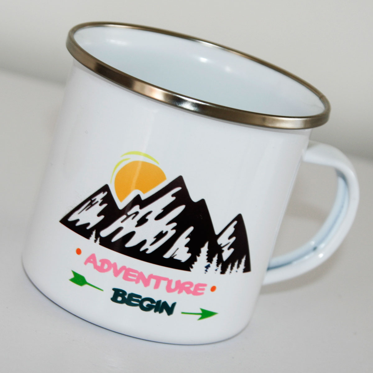 Enamel steel mug for sublimation - white with a silver rim