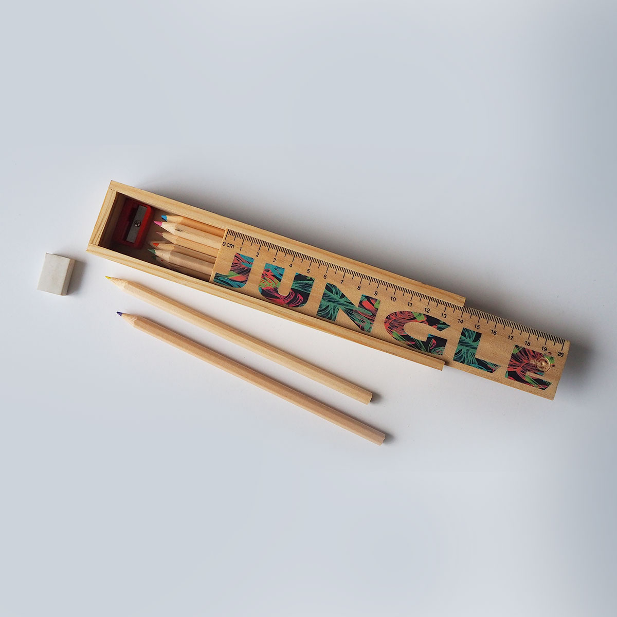 School set - wooden pencil case with front - ruler to print