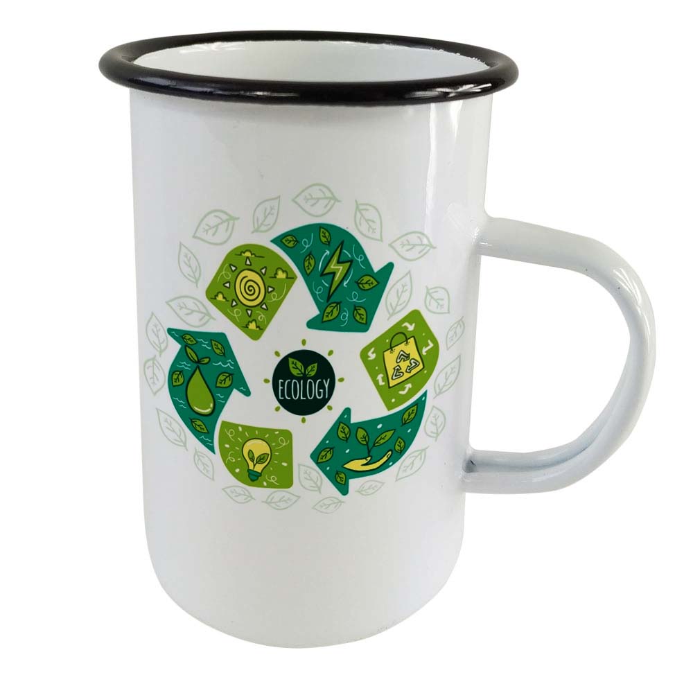 Tall enamel steel mug for sublimation - white with a black rim