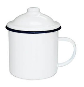 Enamel steel mug with lid for sublimation - white with a navy blue rim