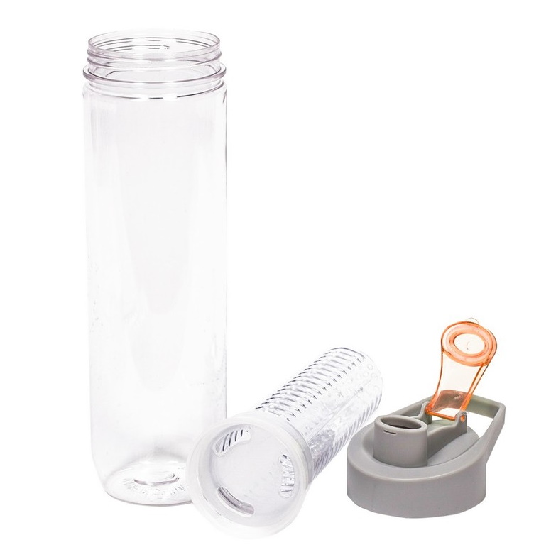 Bottle with insert for ice and fruit - gray-orange lid