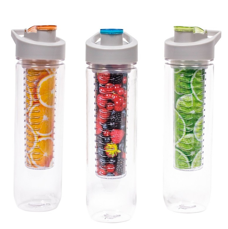 Bottle with insert for ice and fruit - gray-blue lid