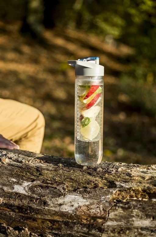 Bottle with insert for ice and fruit - gray-orange lid