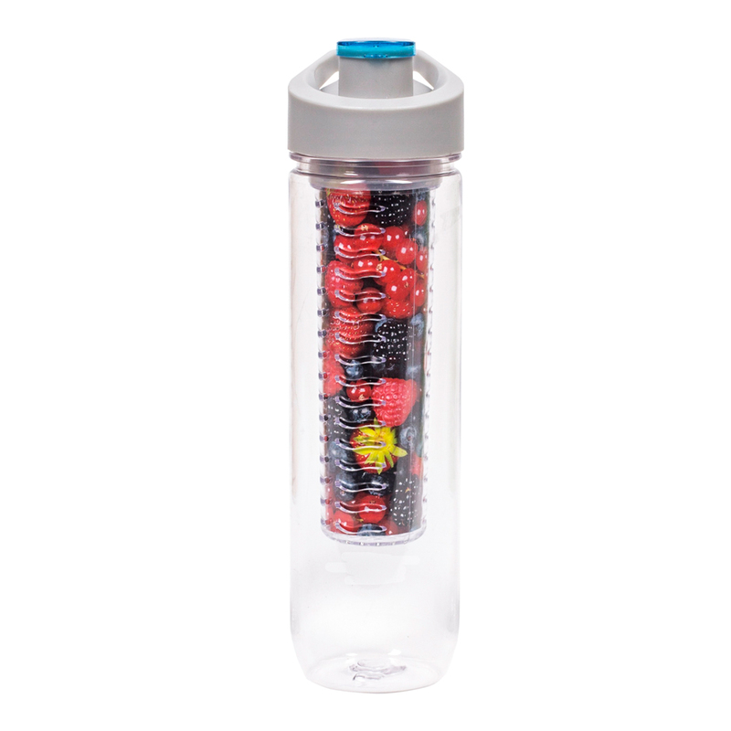 Bottle with insert for ice and fruit - gray-blue lid
