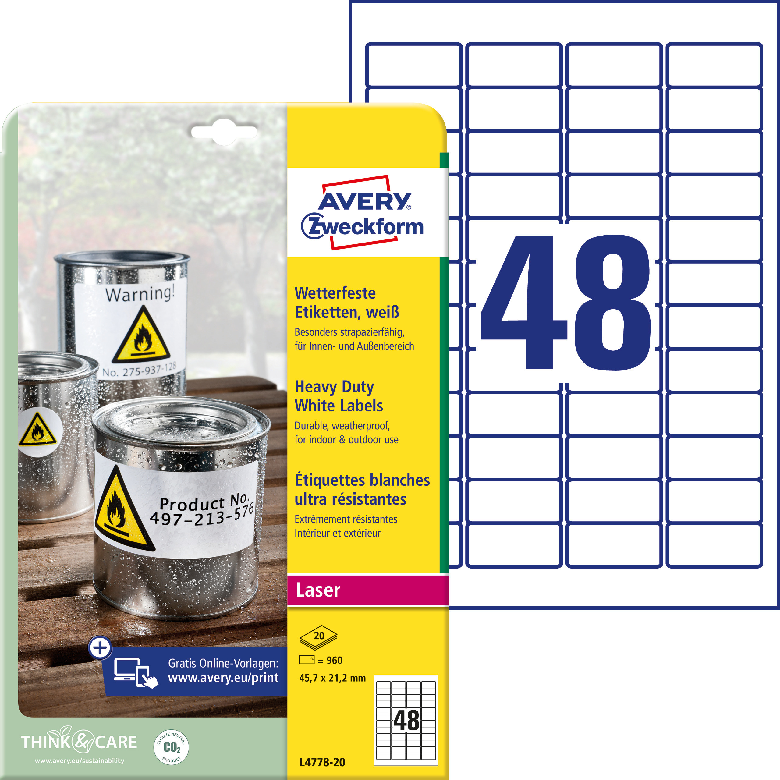 Self-adhesive durable labels Heavy Duty polyester film for laser printers and copiers - 48 labels per sheet