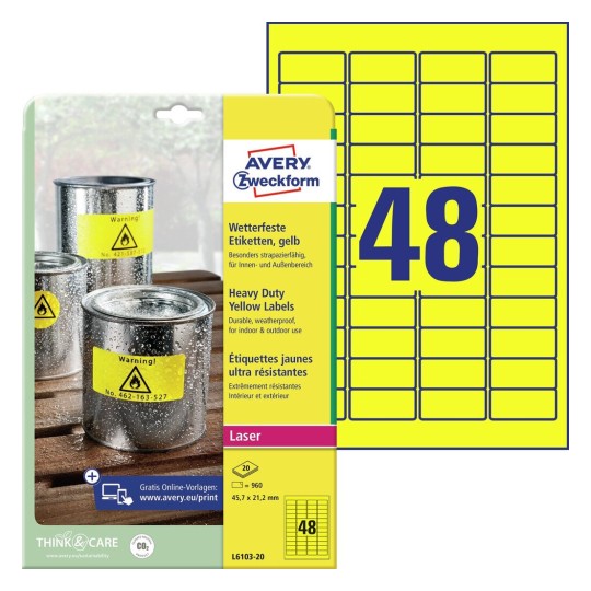 Self-adhesive durable labels Heavy Duty polyester film for monochrome laser printers and copiers - 48 labels per sheet