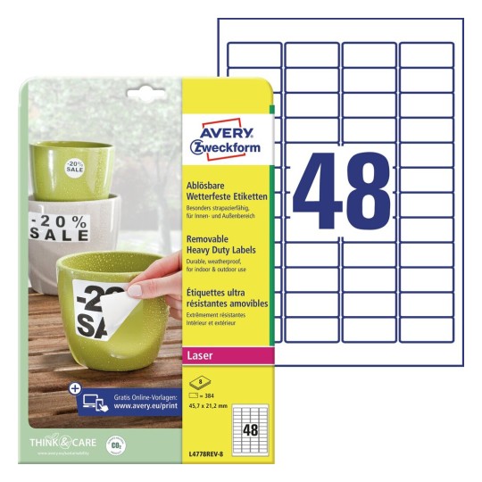Self-adhesive removable labels Heavy Duty polyester film for laser printers and copiers - 48 labels per sheet