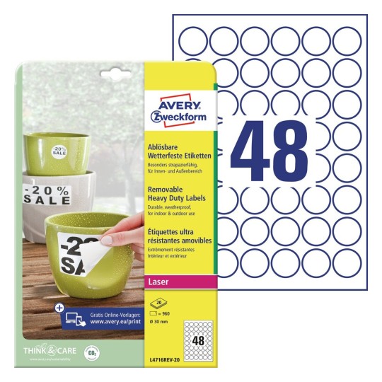 Self-adhesive removable labels Heavy Duty polyester film for laser printers and copiers - 48 labels per sheet