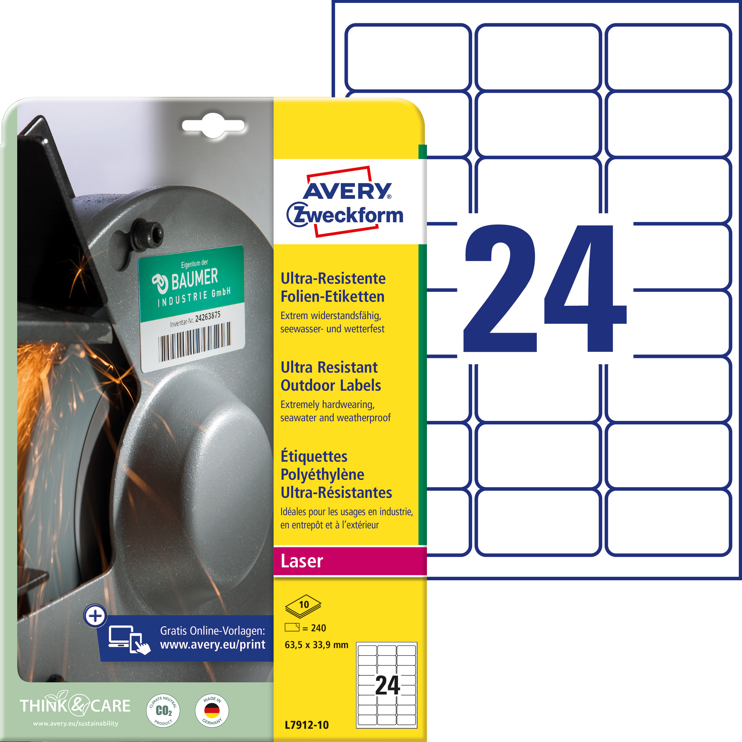 Self-adhesive durable labels Ultra Resistant polyethylene film for laser printers and copiers - 24 labels per sheet