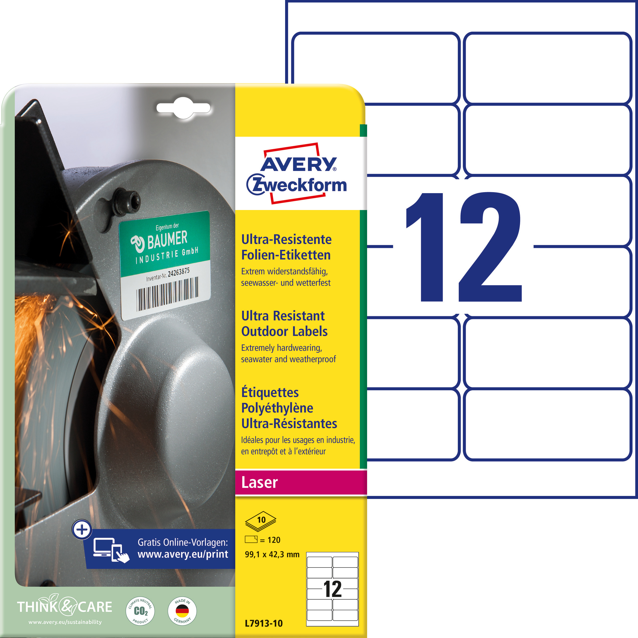 Self-adhesive durable labels Ultra Resistant polyethylene film for laser printers and copiers - 12 labels per sheet