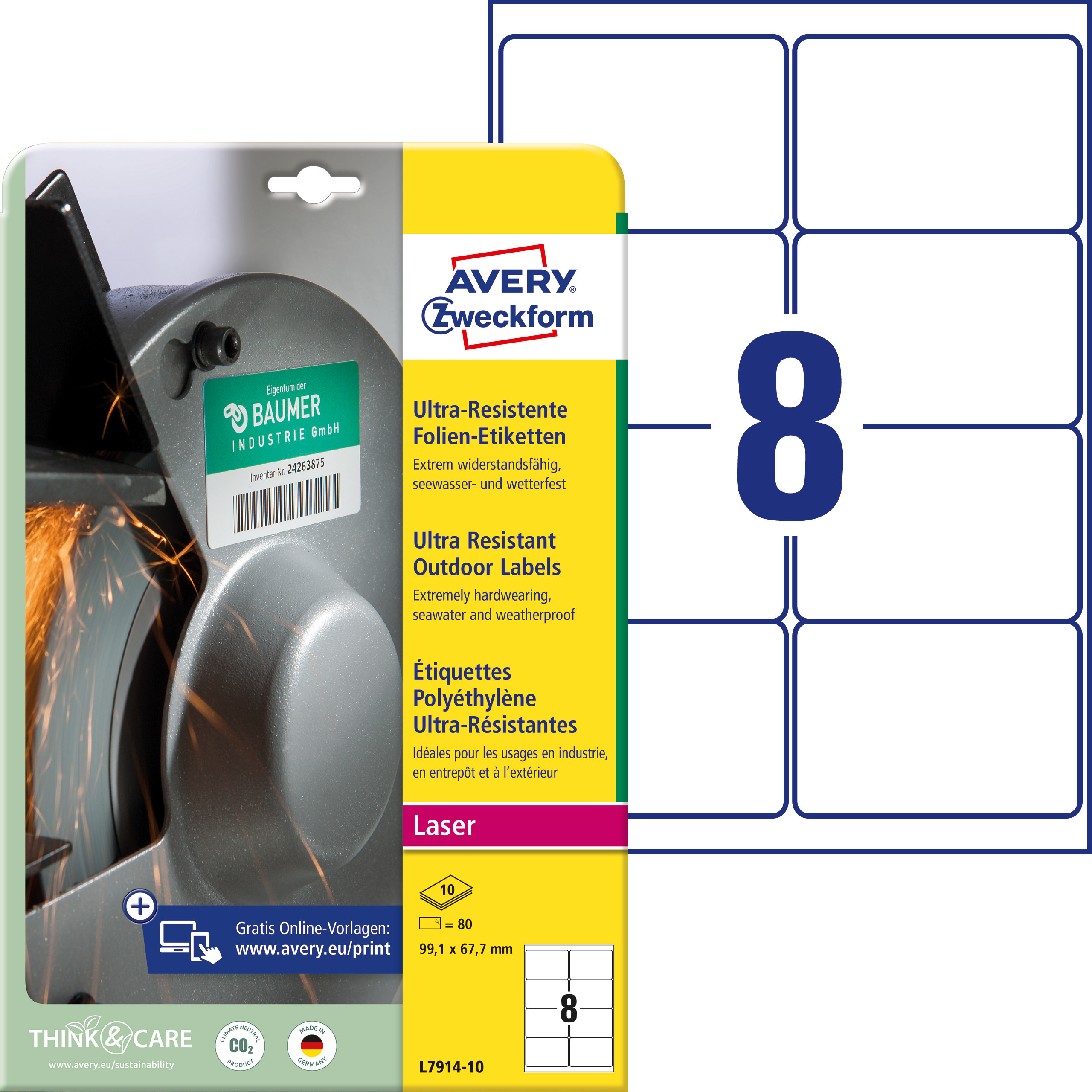 Self-adhesive durable labels Ultra Resistant polyethylene film for laser printers and copiers - 8 labels per sheet