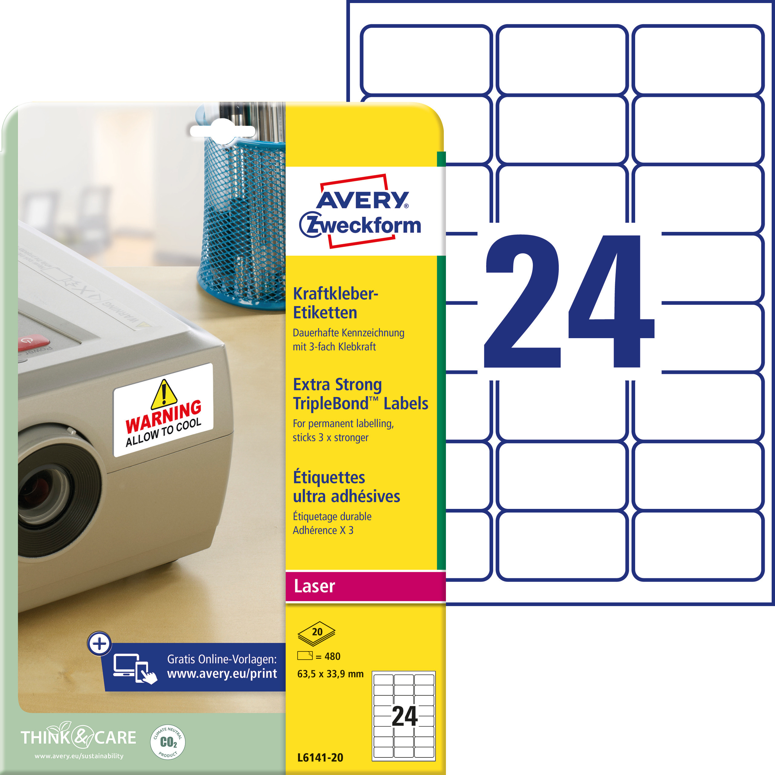 Self-adhesive labels Triple Bond polyester film for laser printers - 24 labels per sheet