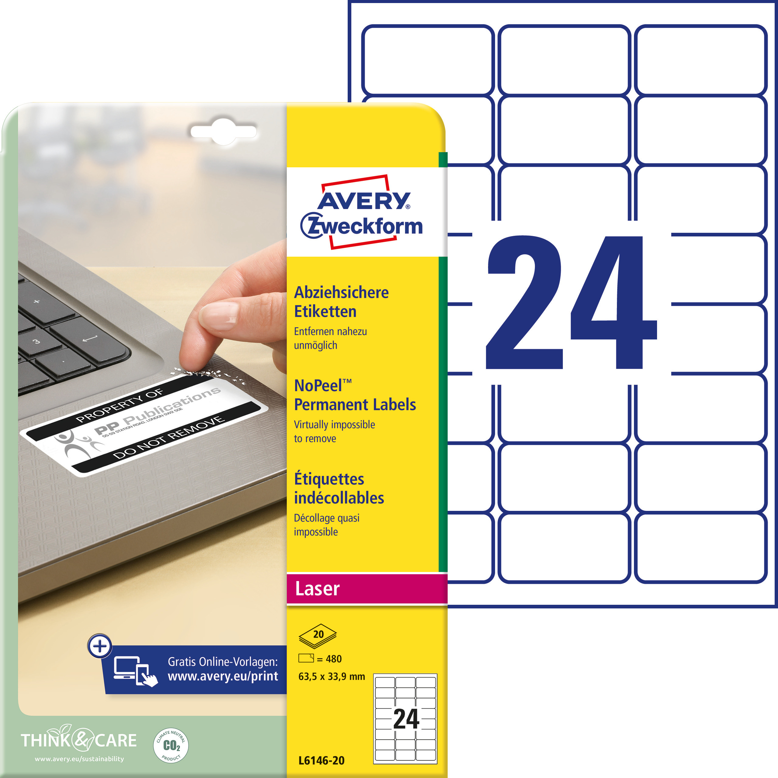 Self-adhesive labels Nopeel acrylic film for monochrome laser printers - 24 labels per sheet