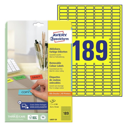 Self-adhesive removable colored paper labels for all types of printers - 189 labels per sheet