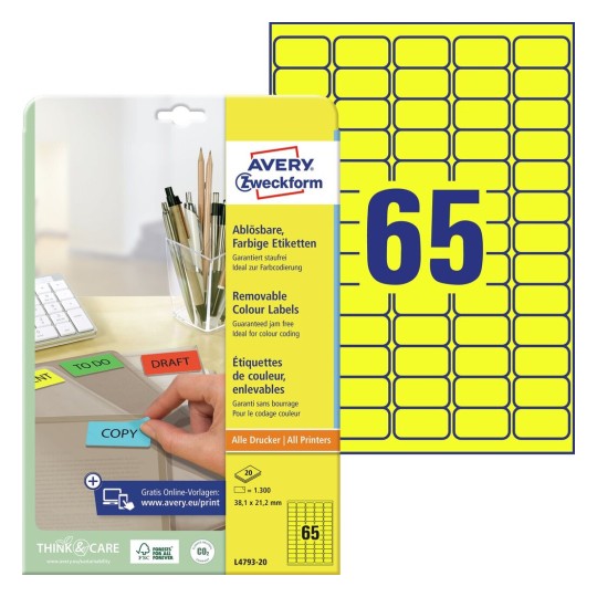 Self-adhesive removable colored paper labels for all types of printers - 65 labels per sheet