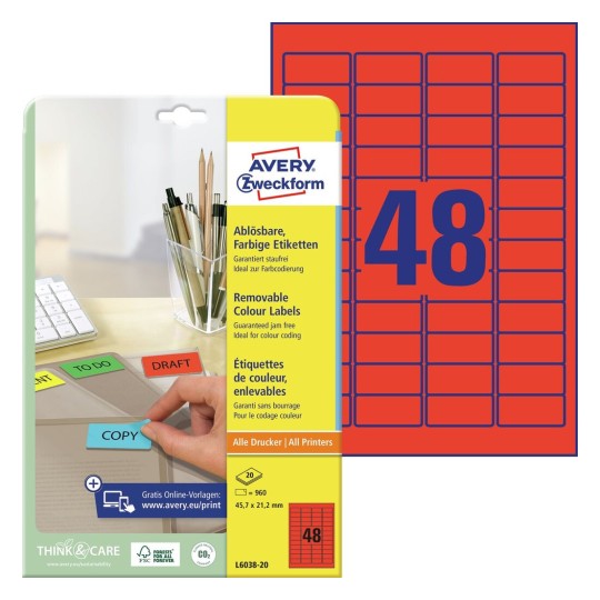 Self-adhesive removable colored paper labels for all types of printers - 48 labels per sheet