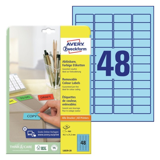 Self-adhesive removable colored paper labels for all types of printers - 48 labels per sheet