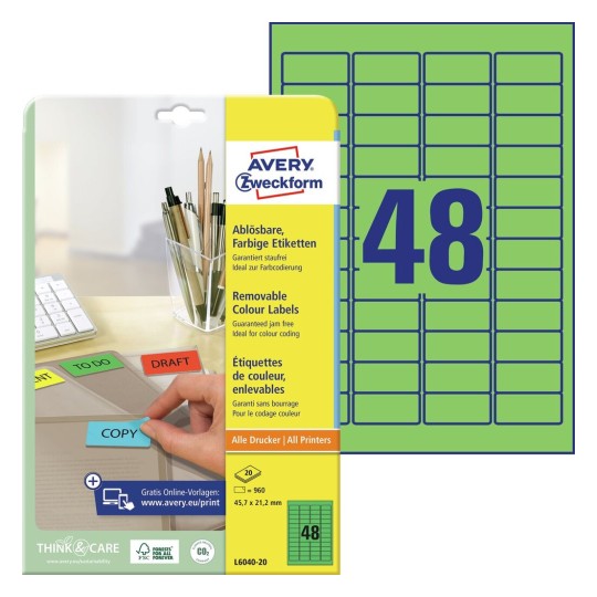 Self-adhesive removable colored paper labels for all types of printers - 48 labels per sheet