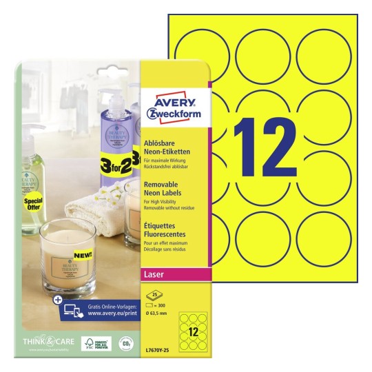 Self-adhesive removable neon paper labels for laser printers and copiers - 12 labels per sheet