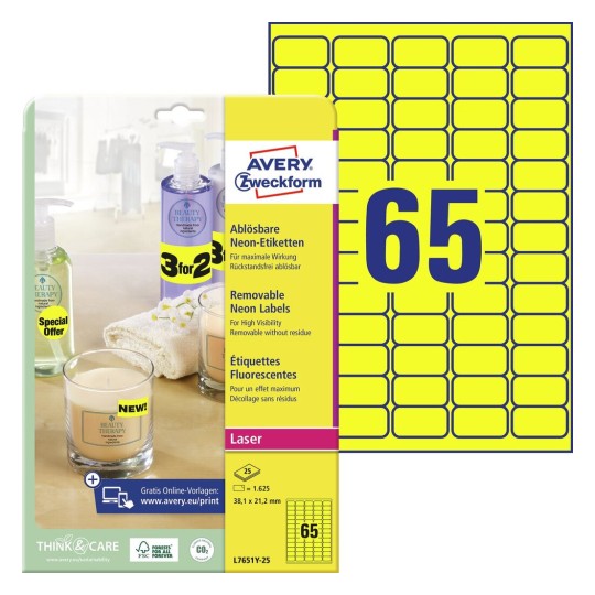 Self-adhesive removable neon paper labels for laser printers and copiers - 65 labels per sheet