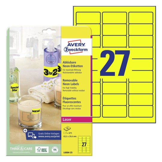 Self-adhesive removable neon paper labels for laser printers and copiers - 27 labels per sheet