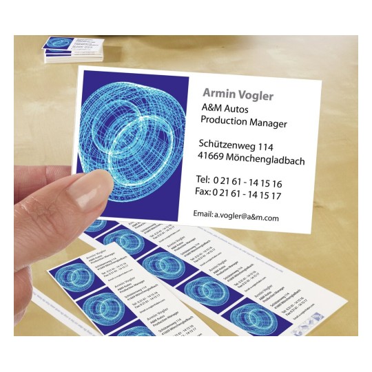 Double-sided A4 business card paper (185 g) for all types of printers - 10  labels per sheet Brand: AVERY Dimension: A4 Dimensions of label: 85 x 54 mm  Colour: white Type: matt