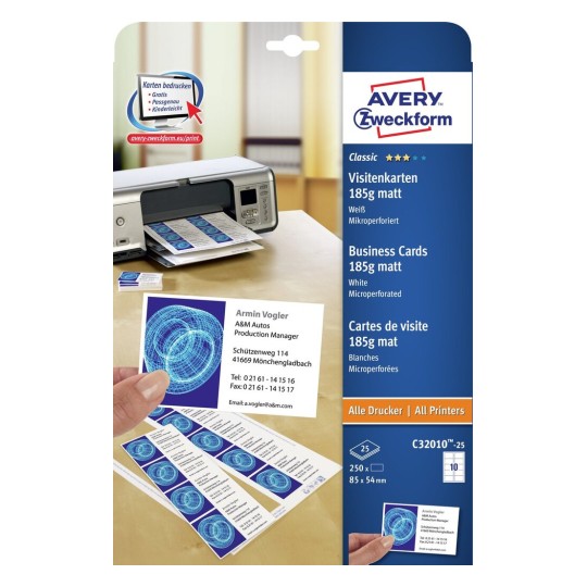 Double-sided A4 business card paper (185 g) for all types of printers - 10  labels per sheet Brand: AVERY Dimension: A4 Dimensions of label: 85 x 54 mm  Colour: white Type: matt