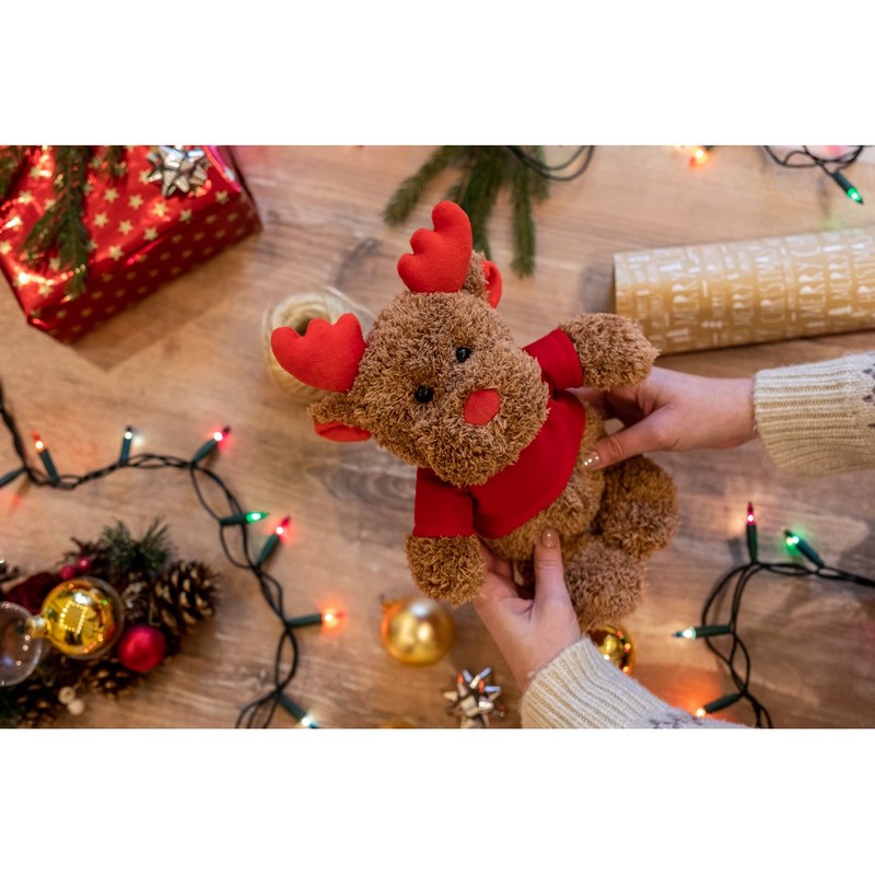 Brown teddy reindeer with a red T-shirt suitable for printing