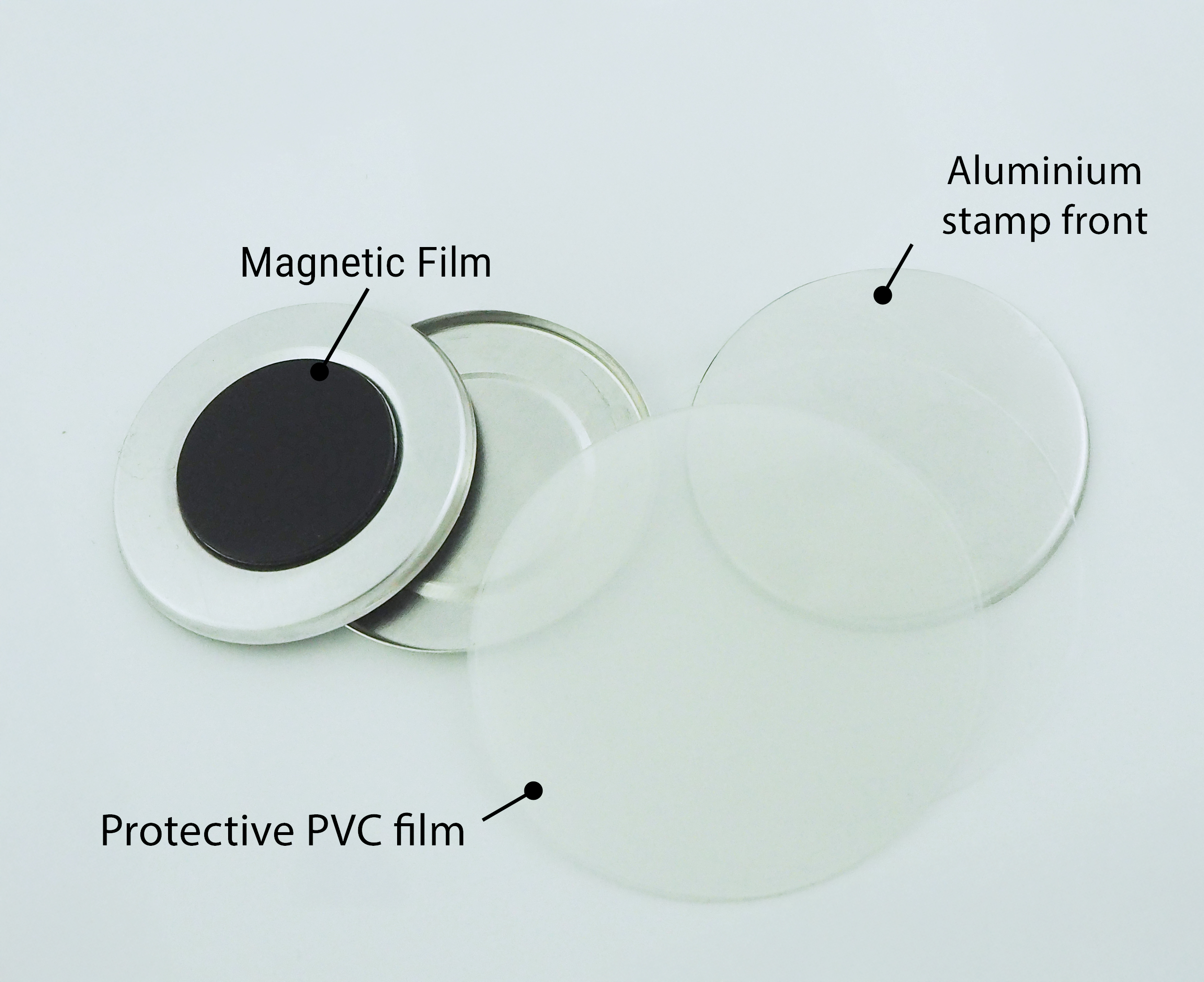 Elements for making pin badges with magnetic foil